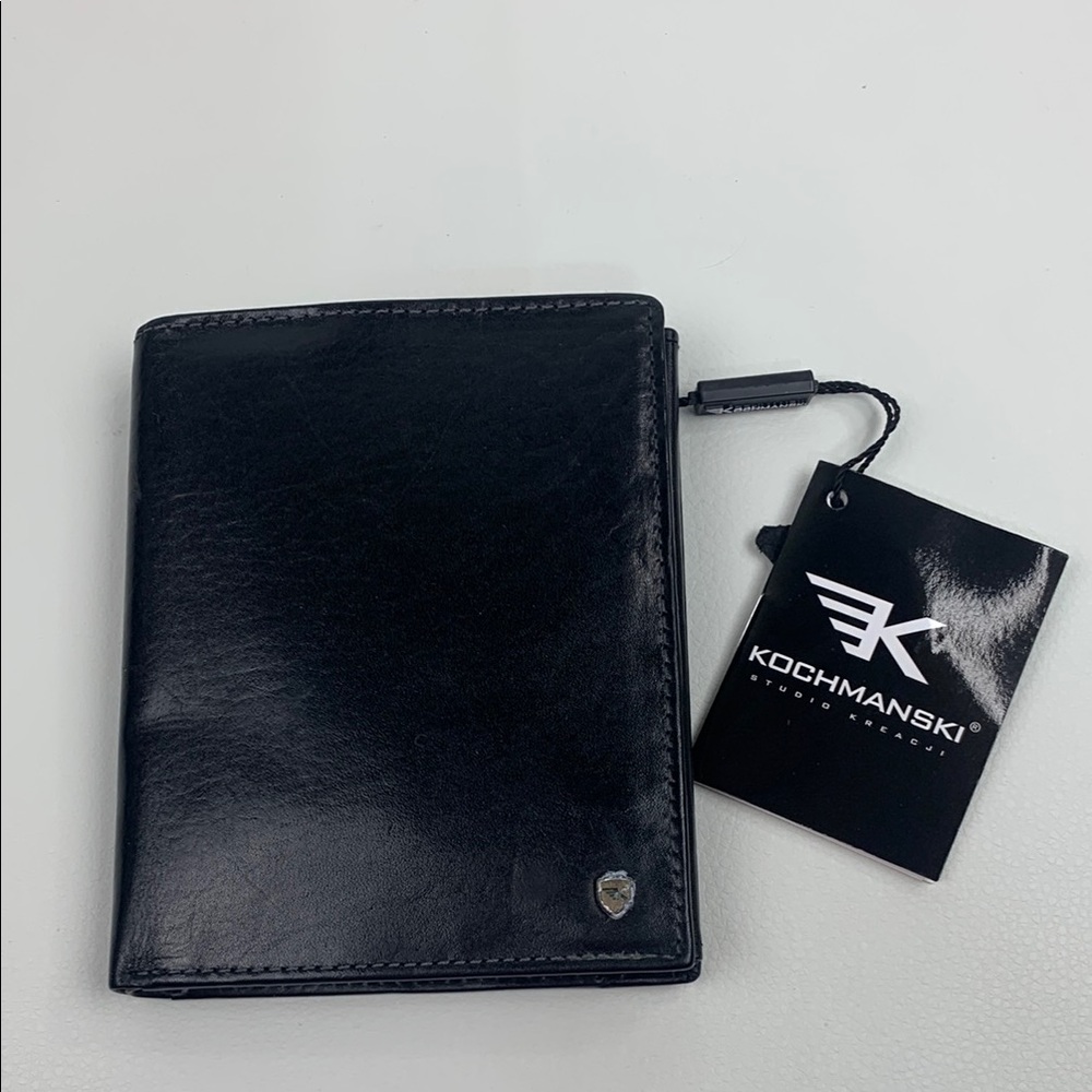 Kochmanski Black Leather Mens Trifold Wallet RFID secure ID Pockets New NWT